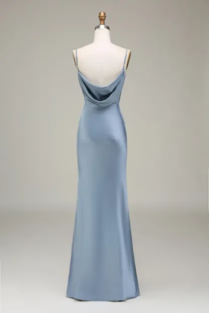 Dusty Blue Cowl Neck Sheath Satin Bridesmaid Dress with Slit
