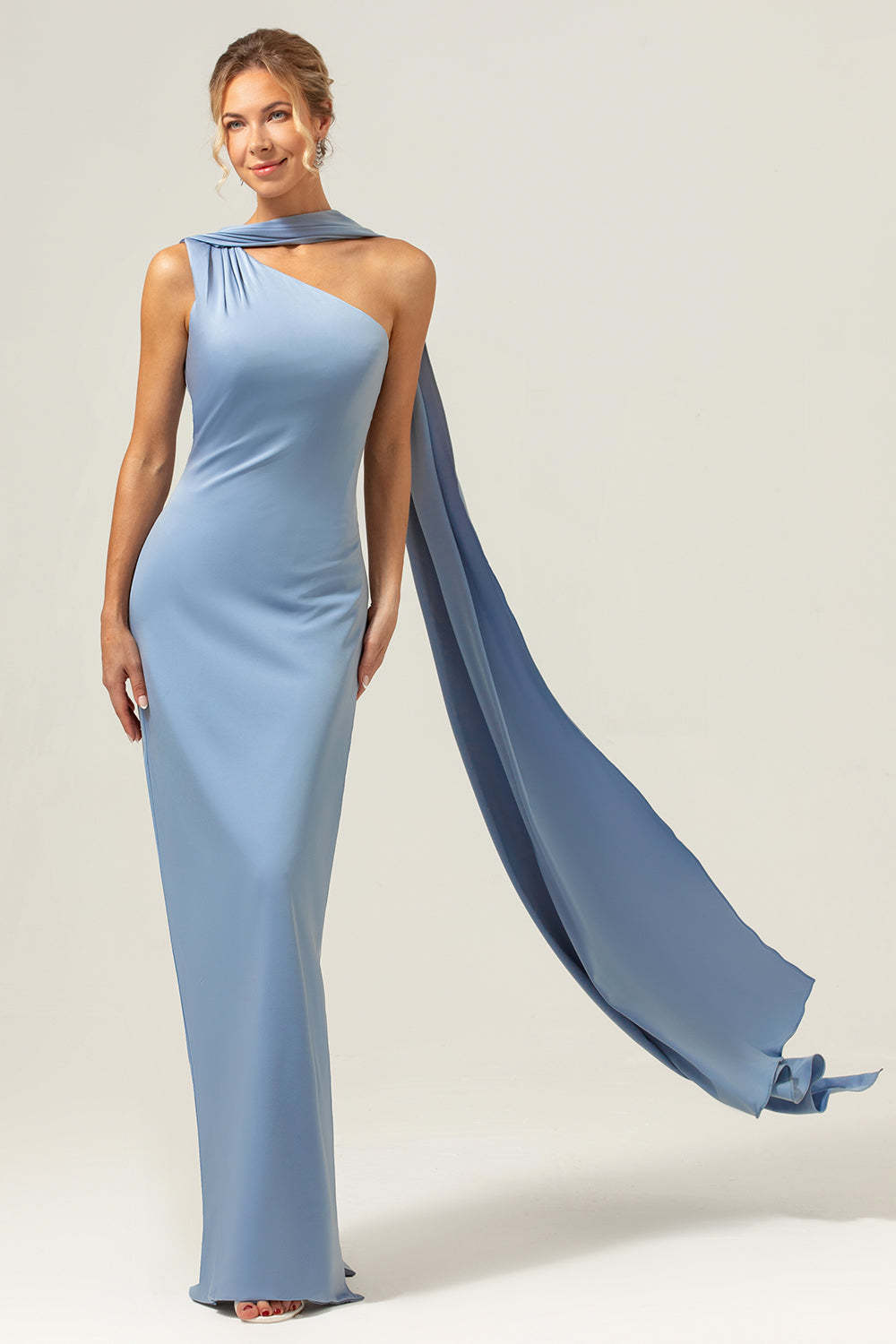 Leely Women Blue Bridesmaid Dress Sheath One Shoulder Satin Long Wedding Party Dress