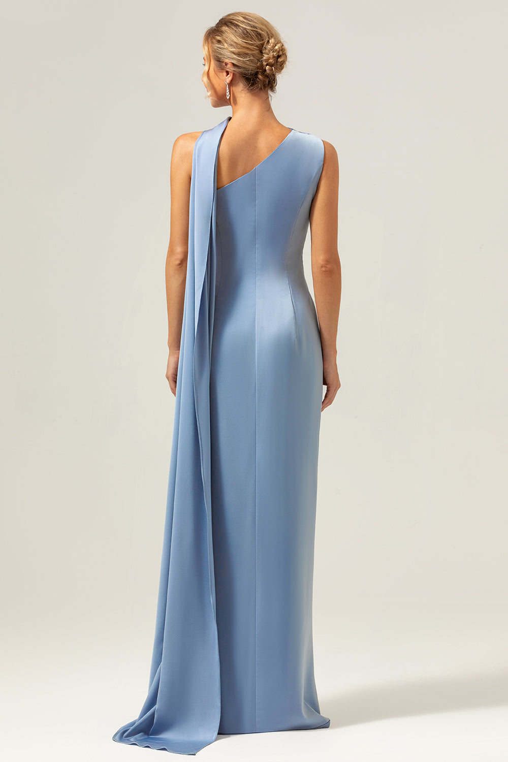 Dusty Blue Sheath One Shoulder Satin Bridesmaid Dress with Ribbon