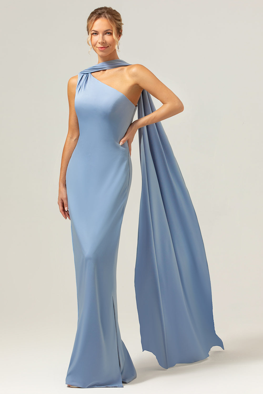 Dusty Blue Sheath One Shoulder Satin Bridesmaid Dress with Ribbon