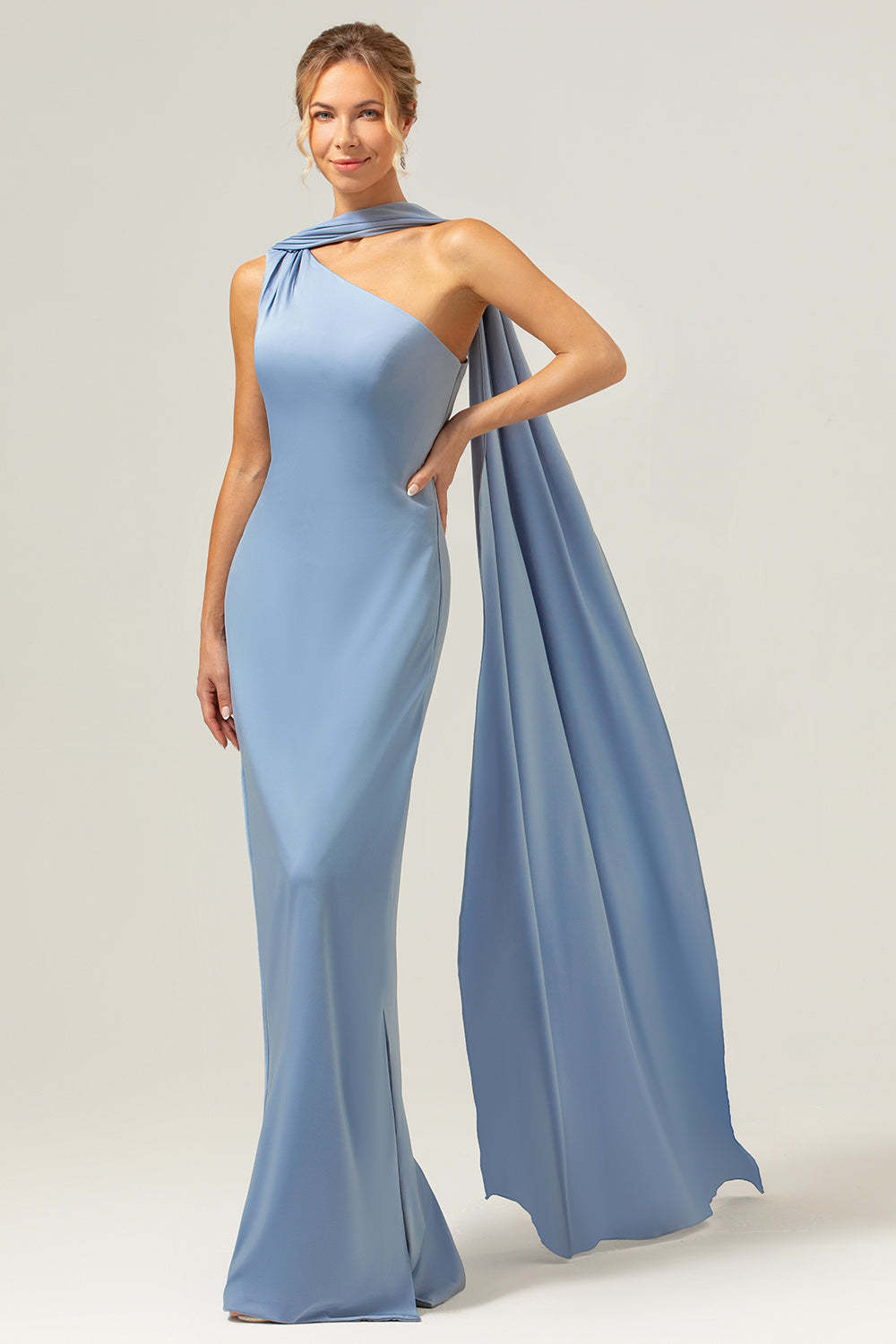 Dusty Blue Sheath One Shoulder Satin Bridesmaid Dress with Ribbon