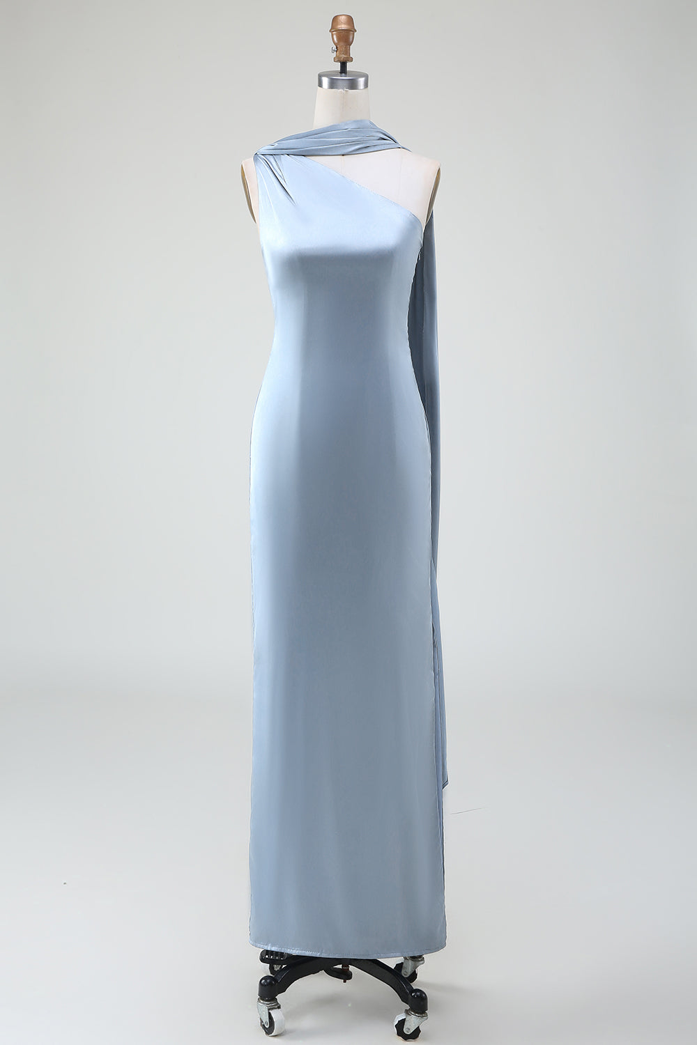 Dusty Blue Sheath One Shoulder Satin Bridesmaid Dress with Ribbon