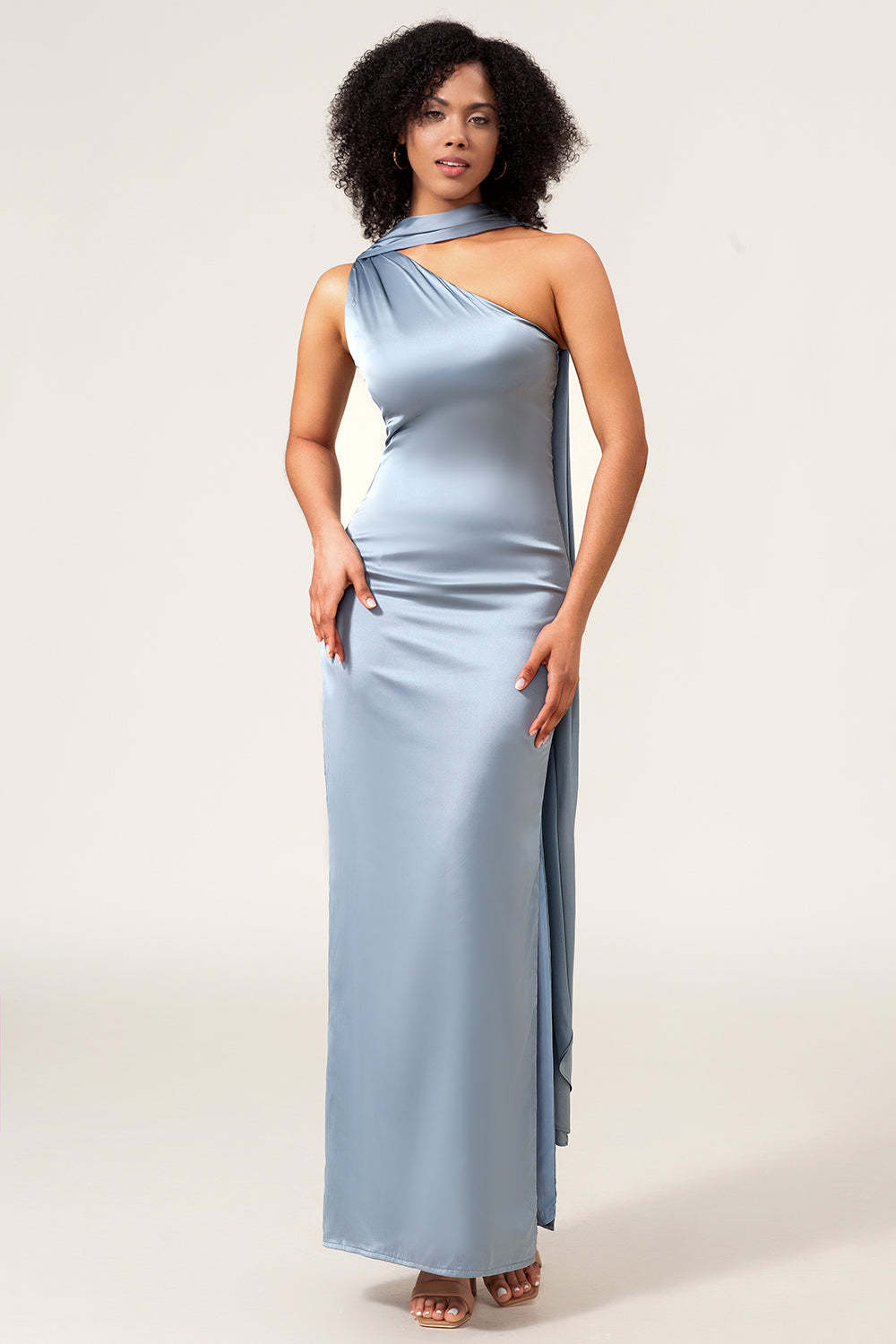 Sheath Satin Dusty Blue Bridesmaid Dress