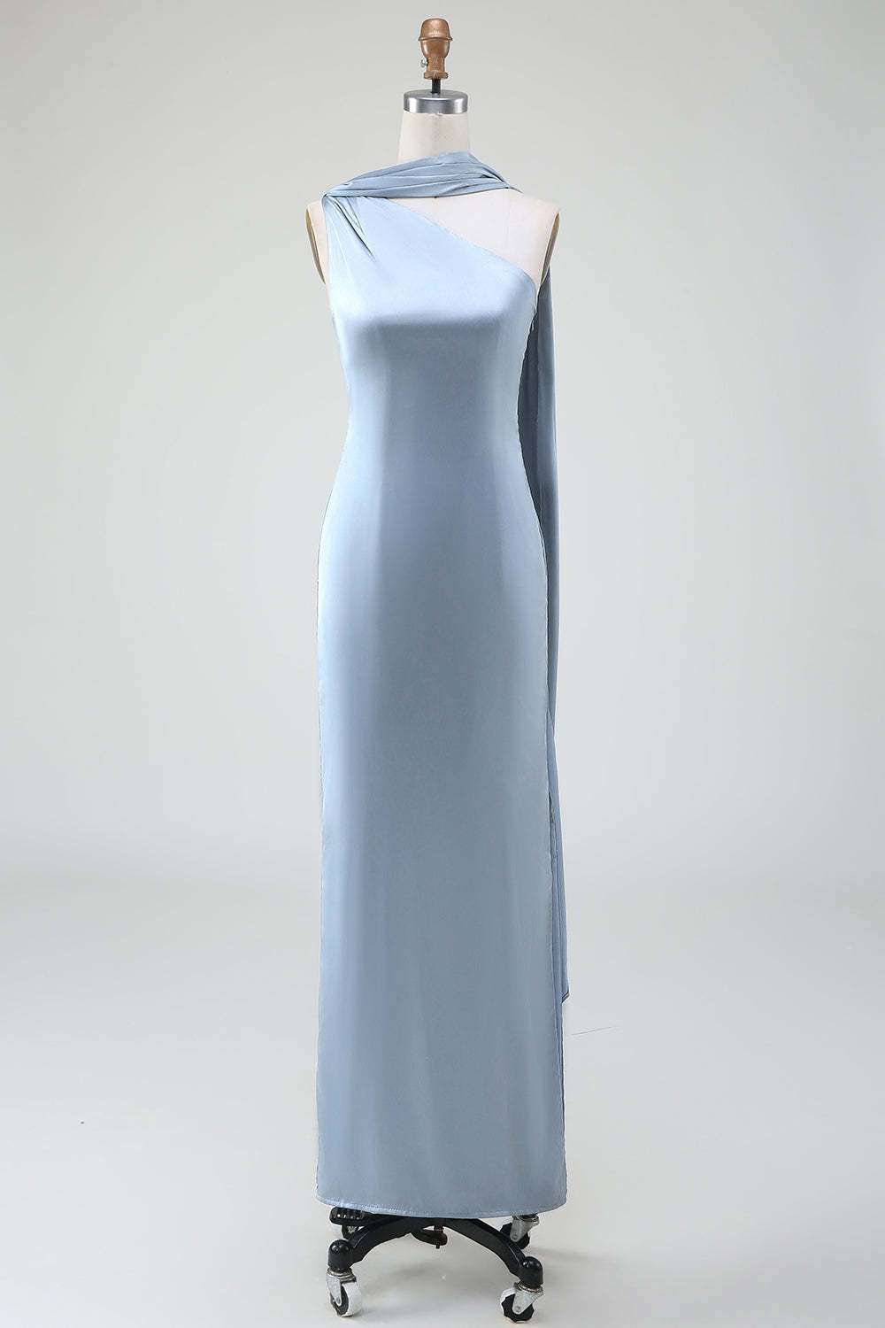 Dusty Blue Sheath One Shoulder Satin Bridesmaid Dress with Ribbon