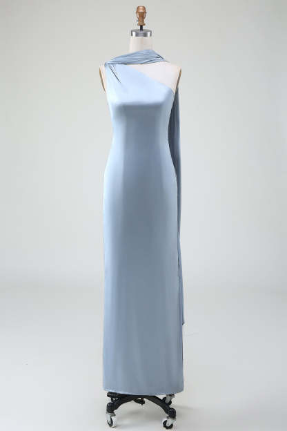 Dusty Blue Sheath One Shoulder Satin Bridesmaid Dress with Ribbon