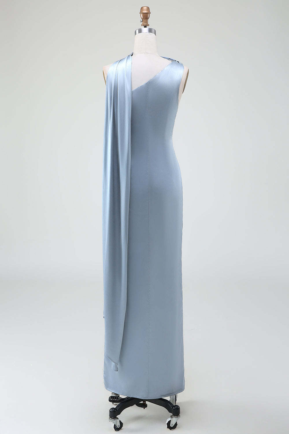 Dusty Blue Sheath One Shoulder Satin Bridesmaid Dress with Ribbon
