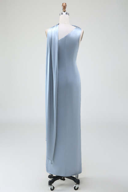 Dusty Blue Sheath One Shoulder Satin Bridesmaid Dress with Ribbon