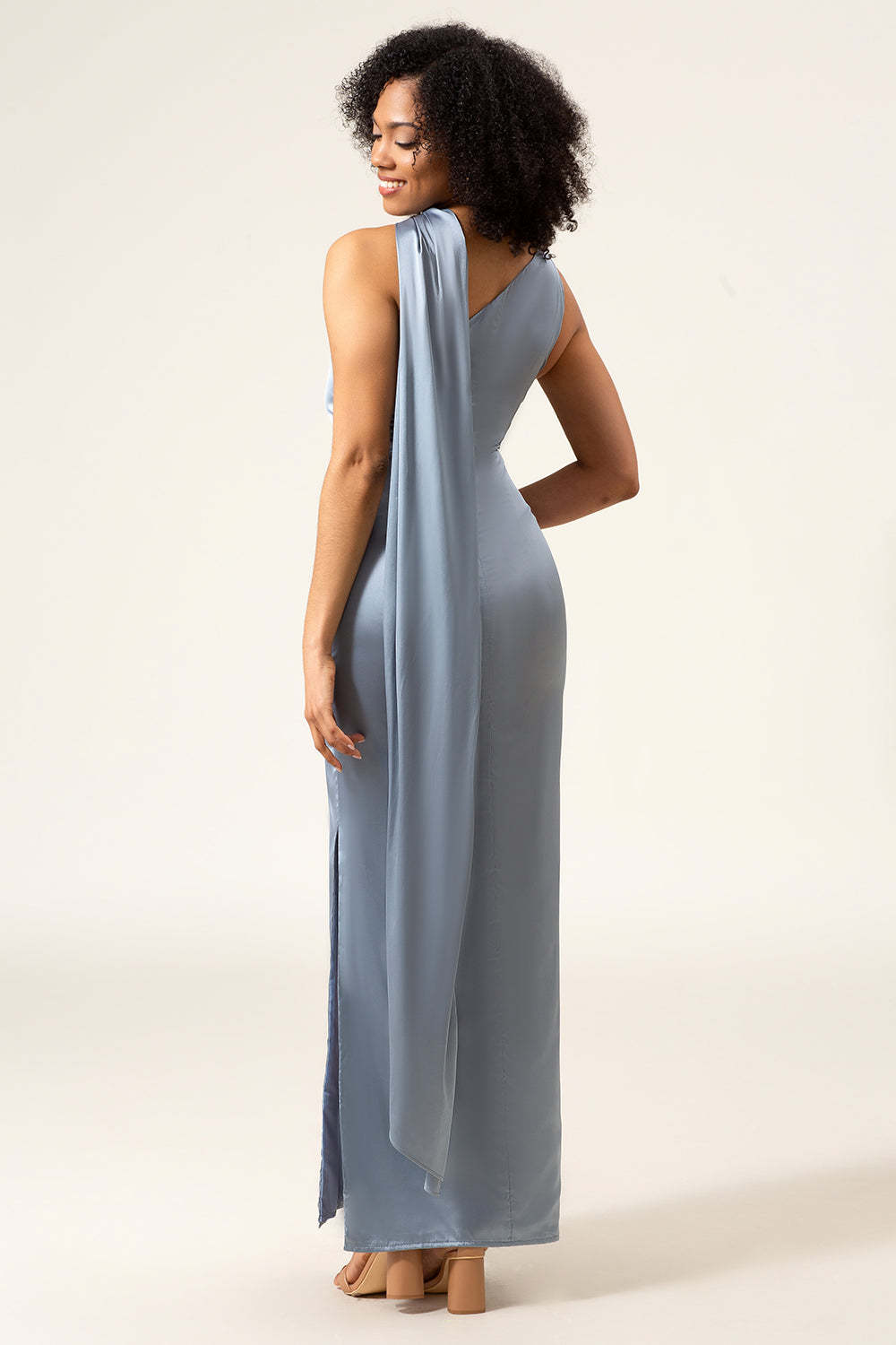 Sheath Satin Dusty Blue Bridesmaid Dress