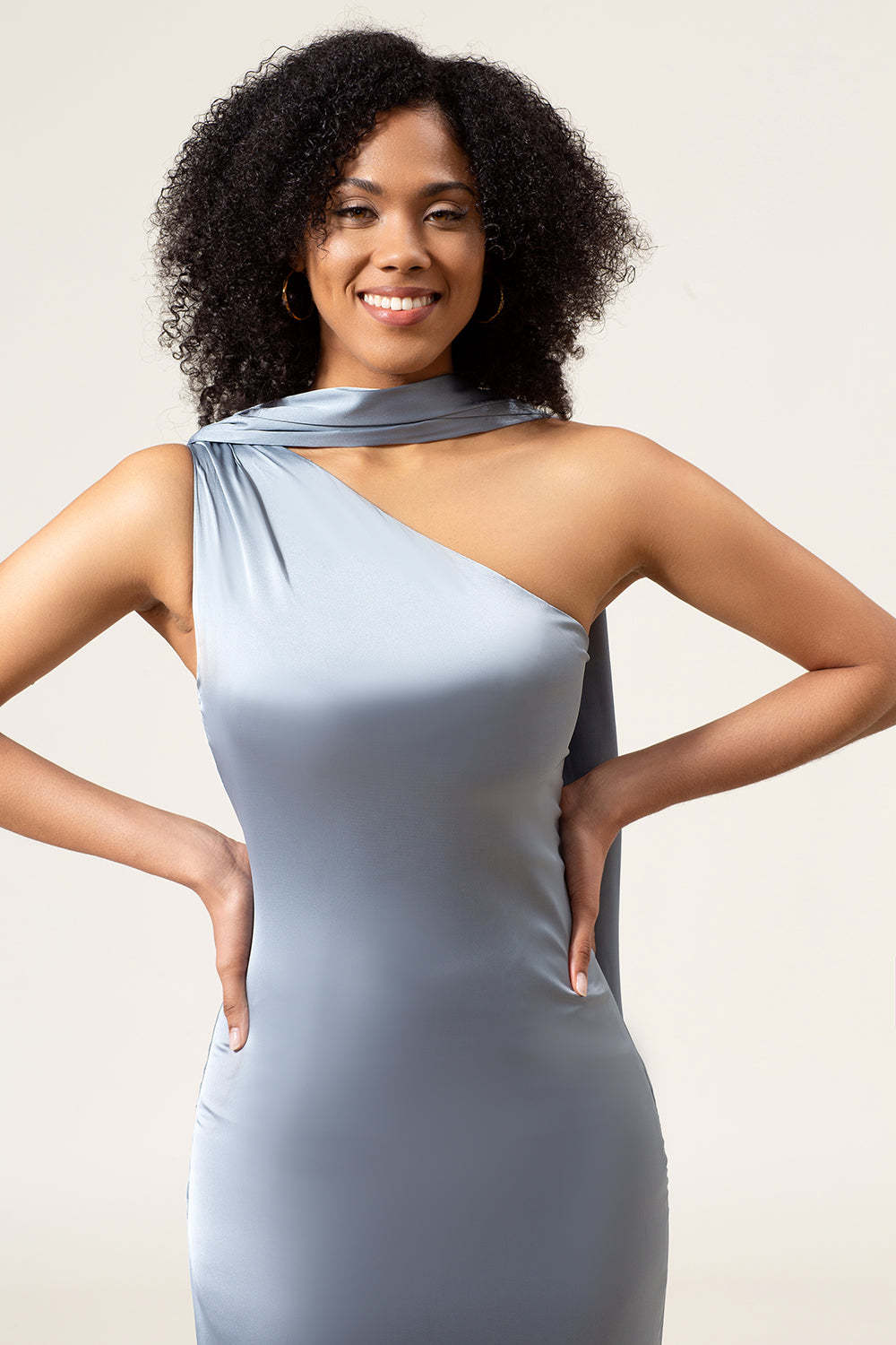 Sheath Satin Dusty Blue Bridesmaid Dress