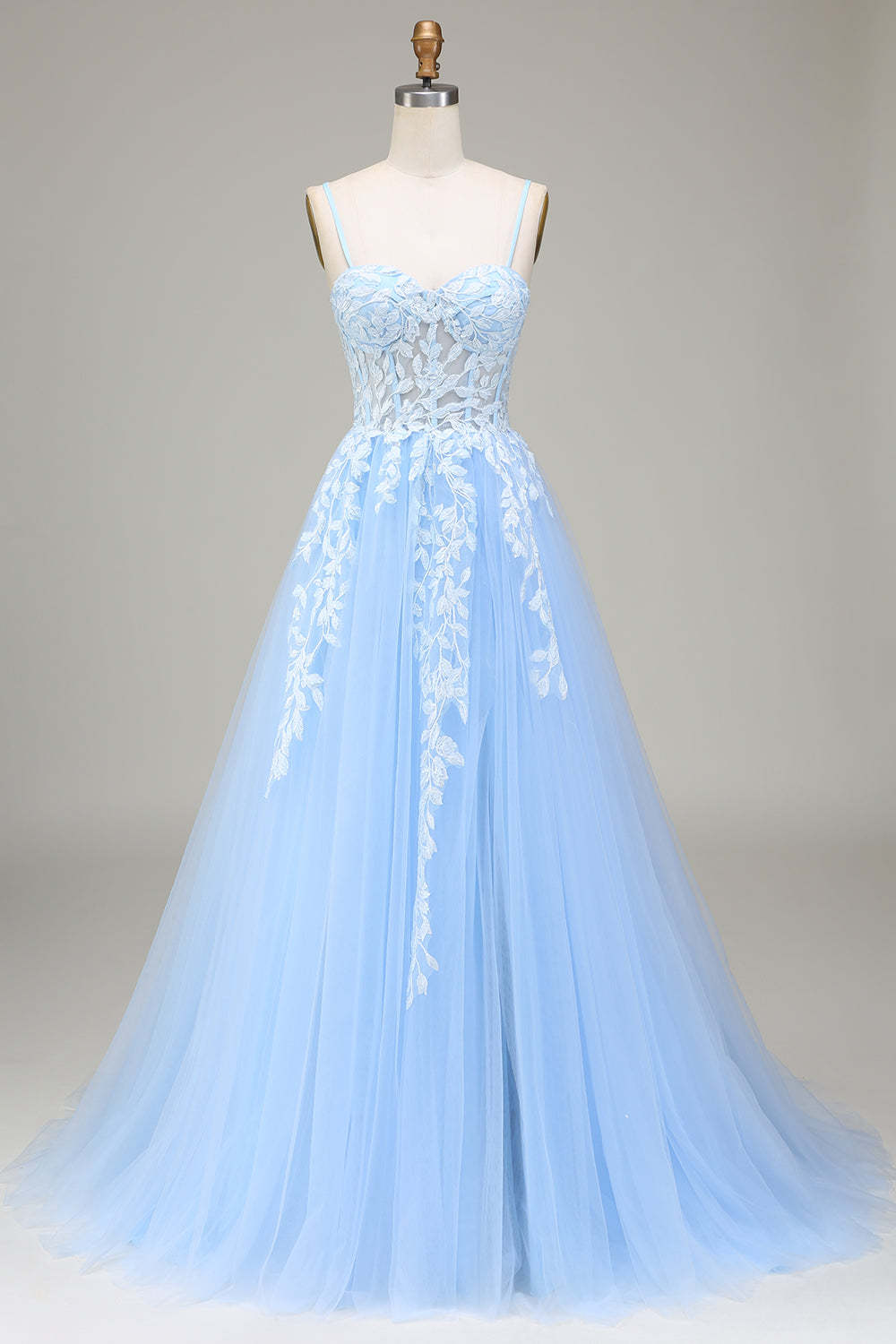 Leely Women Sky Blue Prom Dress with Appliques Tulle A-Line Spaghetti Straps Party Dress