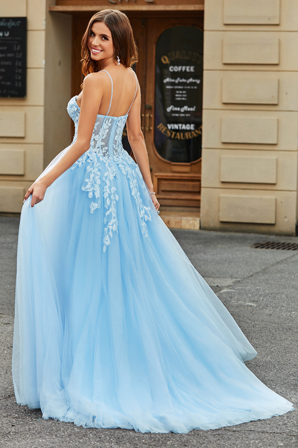 Sky Blue A Line Spaghetti Straps Tulle Long Corset Prom Dress With Appliques