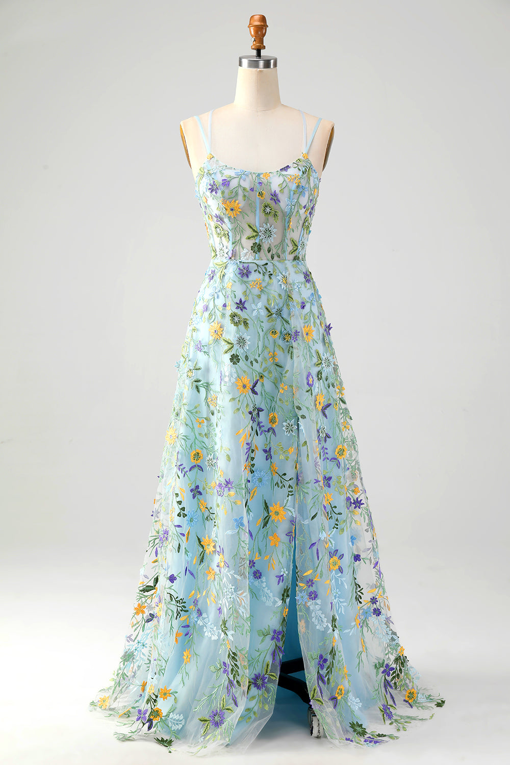 Blue Flower A Line Corset Embroidered Floral Prom Dress with Slit