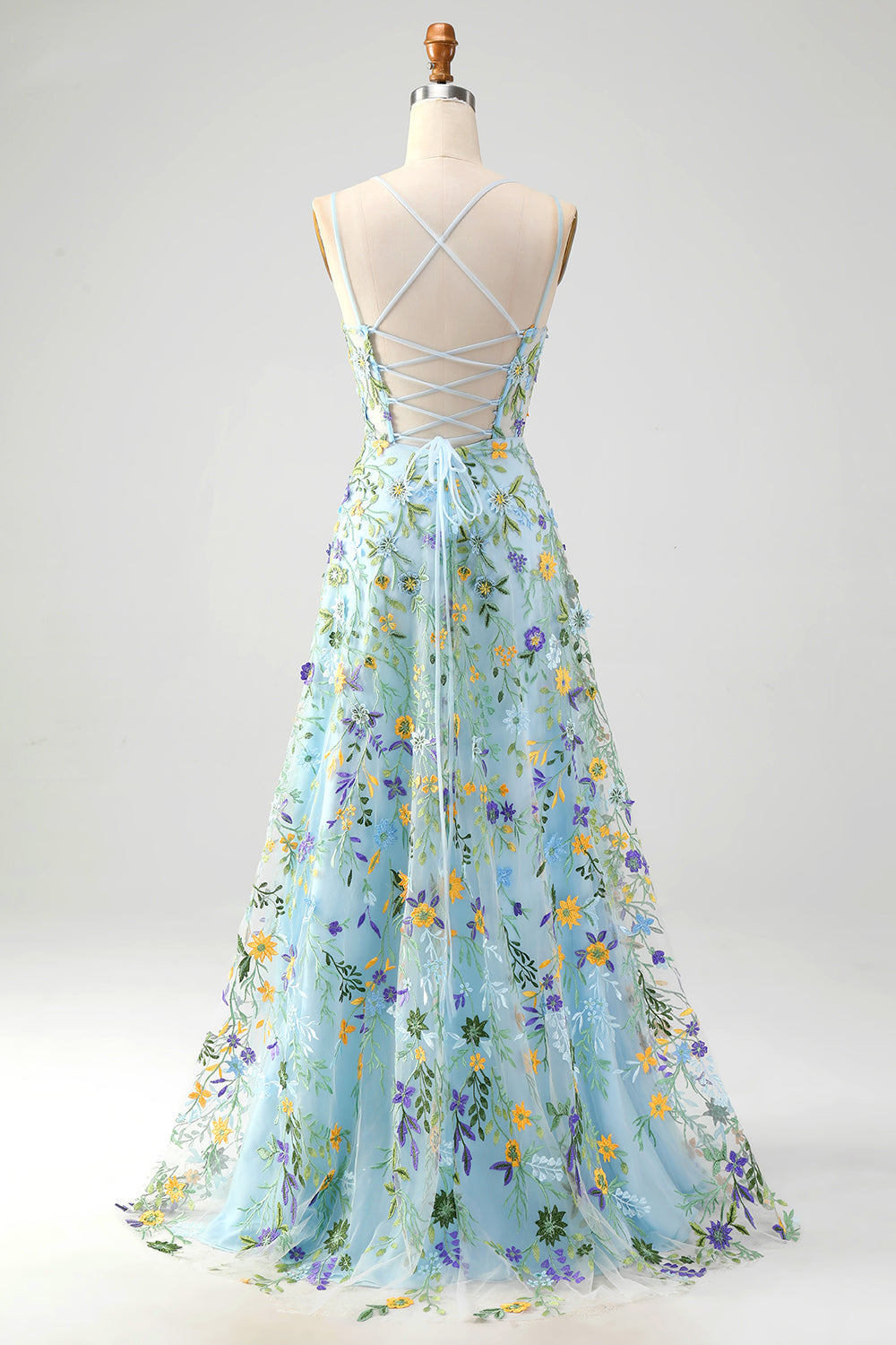 Blue Flower A Line Corset Embroidered Floral Prom Dress with Slit