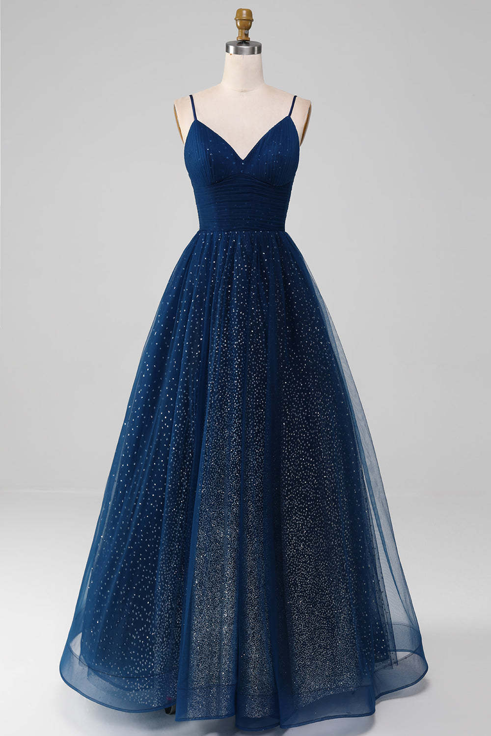 Leely Women Navy Ball-Gown V-Neck Long Beaded Tulle Prom Dresses With Pleated