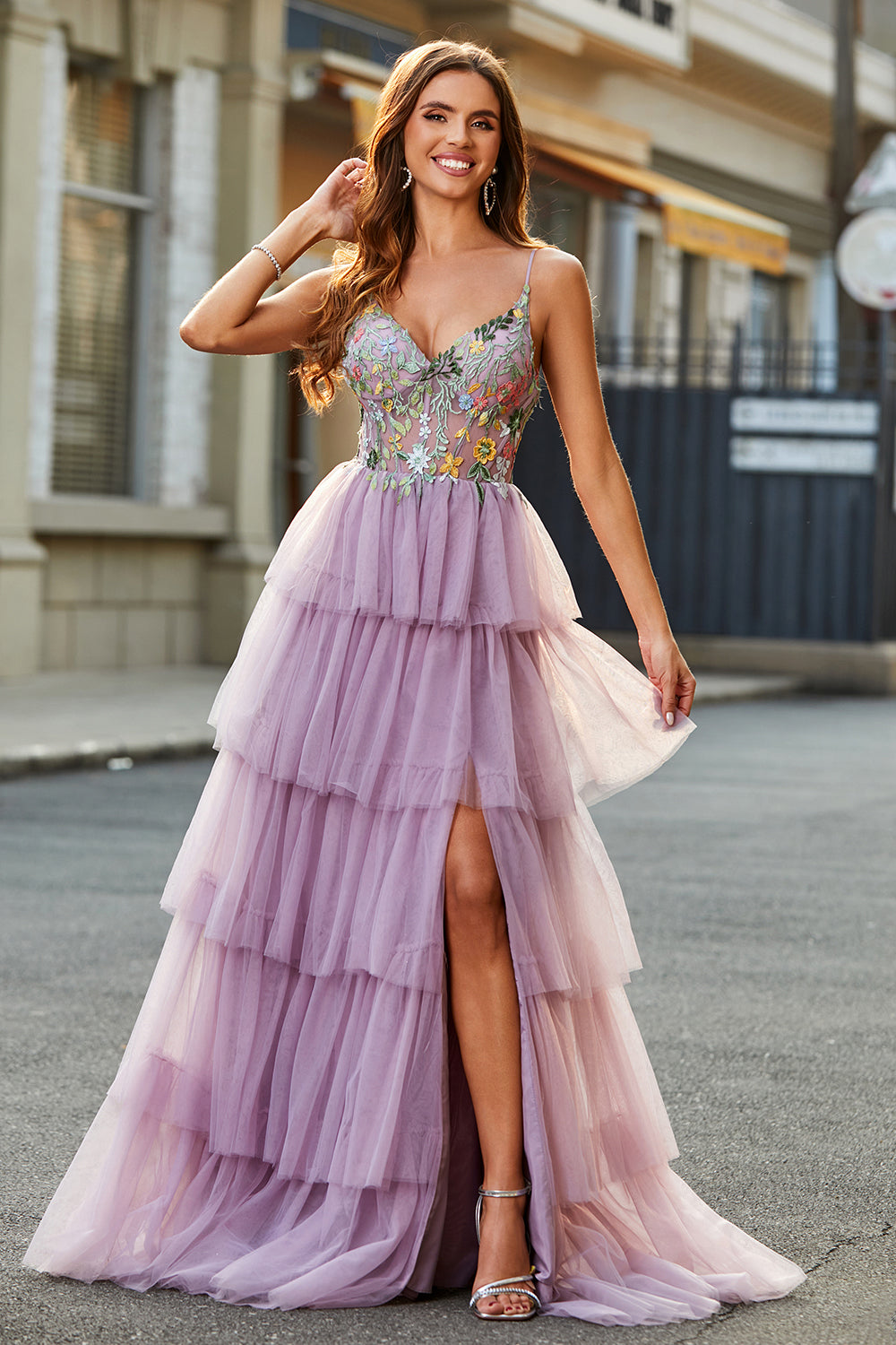 Leely Women Mauve Long Corset Tiered Prom Dress With Slit A Line Appliqued Tulle Formal Dress