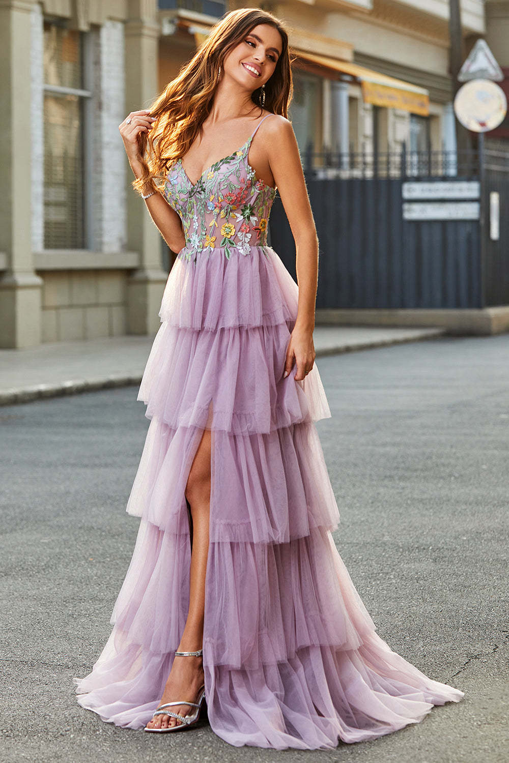 Mauve A Line Appliqued Tulle Long Corset Tiered Prom Dress With Slit
