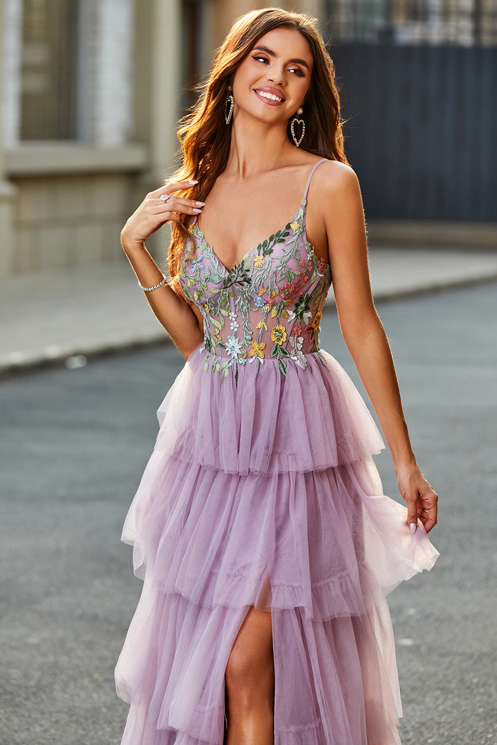 Mauve A Line Appliqued Tulle Long Corset Tiered Prom Dress With Slit