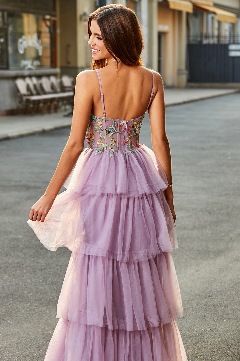 Mauve A Line Appliqued Tulle Long Corset Tiered Prom Dress With Slit