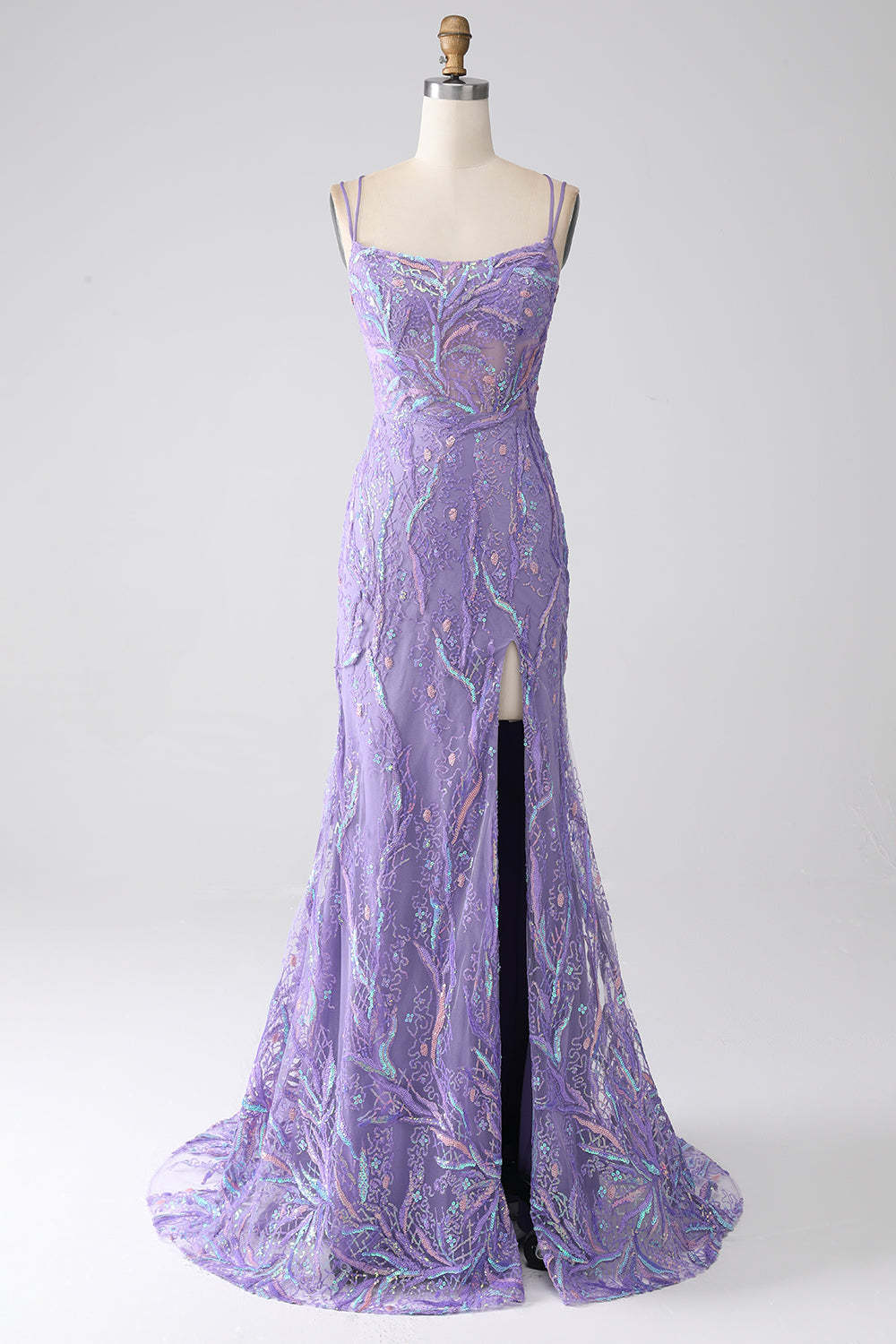 Leely Women Lilac Sequins Prom Dress with Slit Mermaid Lace-Up Back Formal Dress