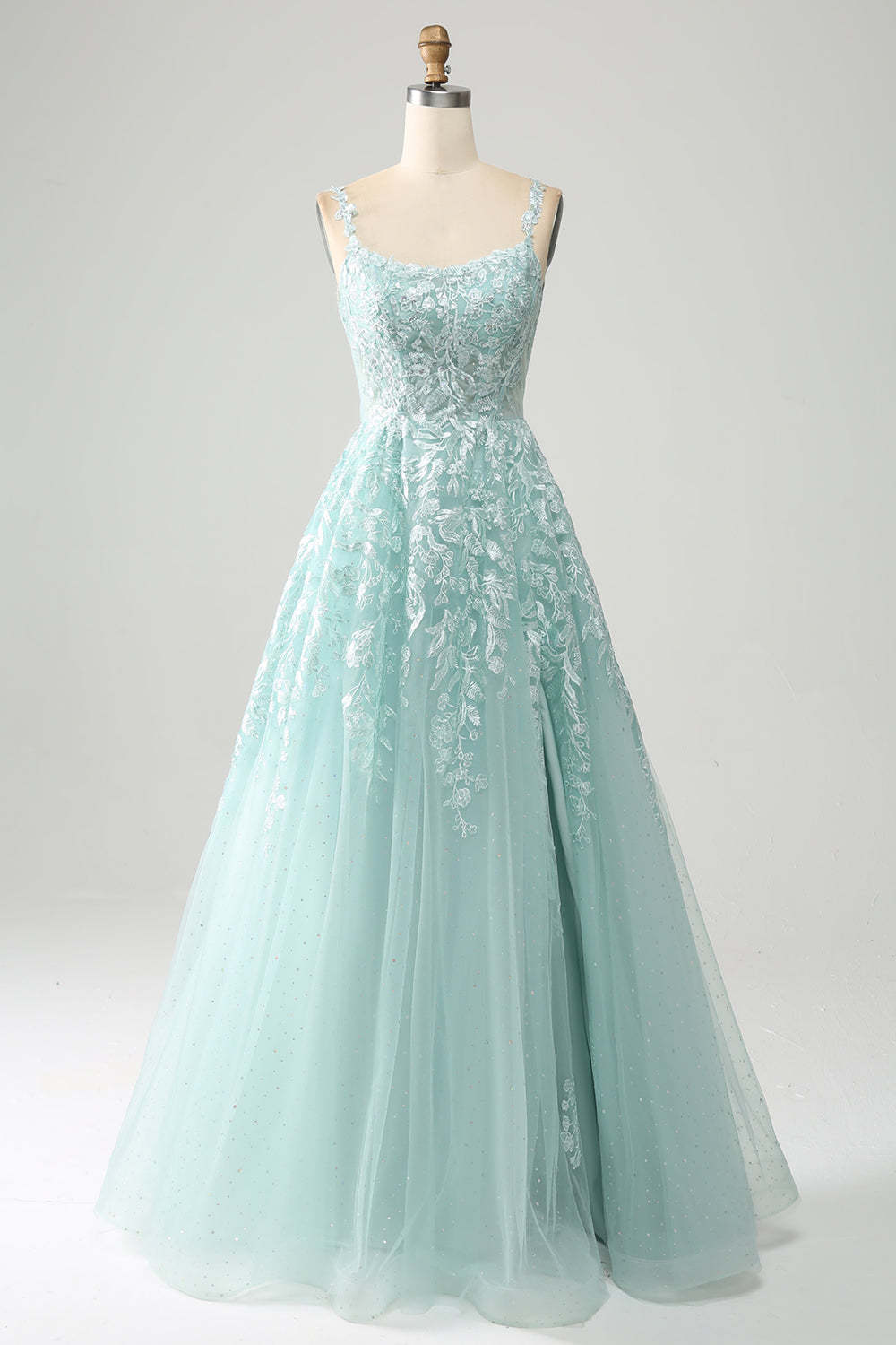 Leely Women Glitter Mint A-Line Tulle Long Prom Dress with Lace Scoop Neck Ball Gown