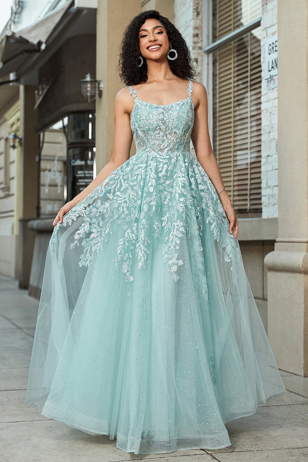 Leely Women Glitter Mint A-Line Tulle Long Prom Dress with Lace Scoop Neck Ball Gown