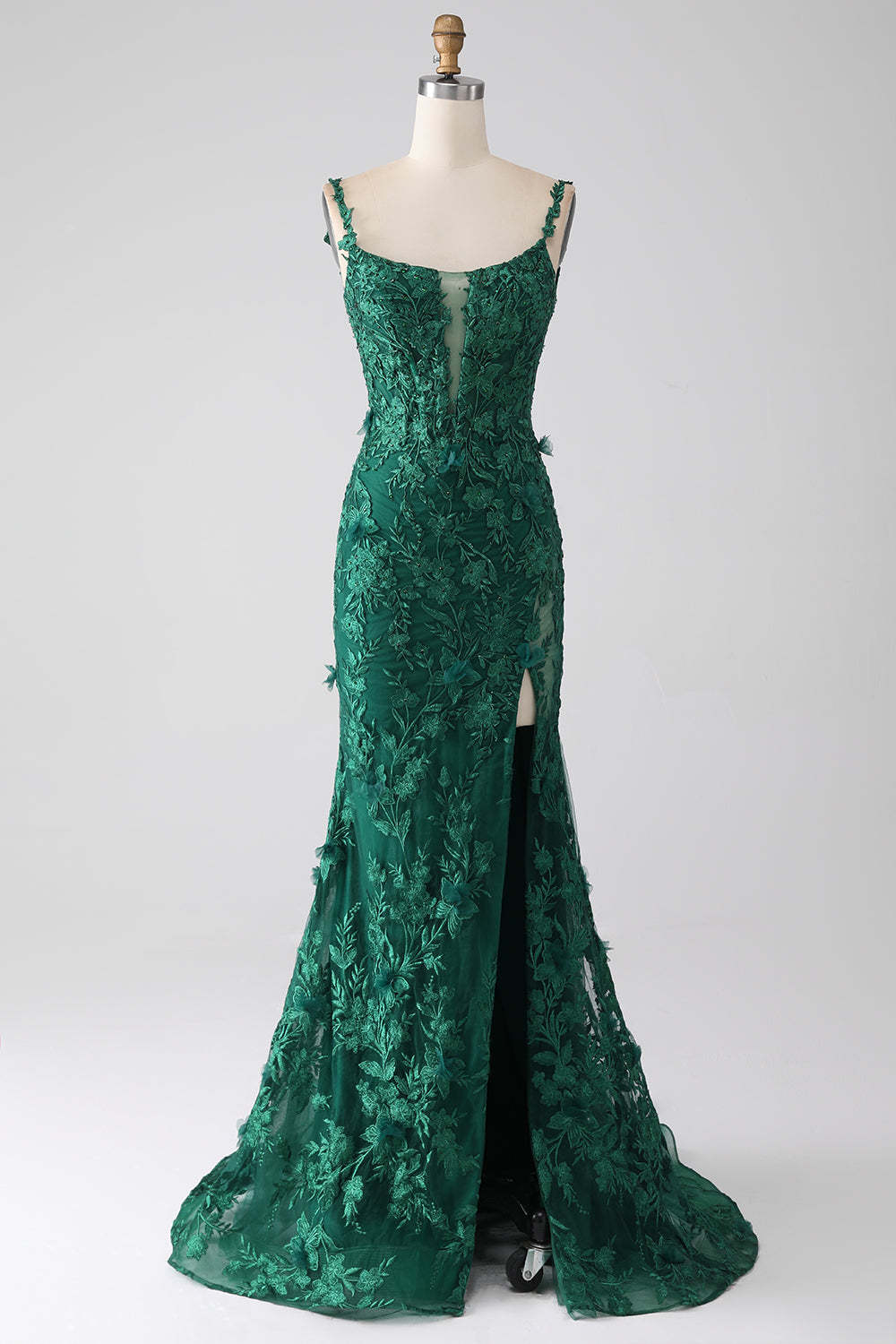 Leely Women Dark Green Long Prom Dress with Appliques Mermaid Spaghetti Straps Evening Dress with Slit