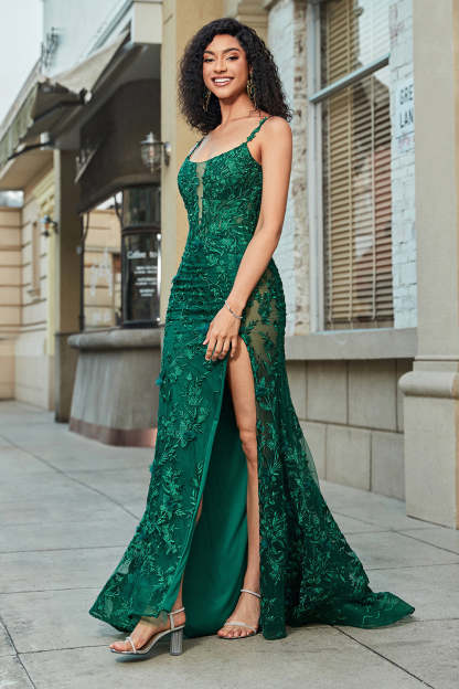 Stylish Dark Green Mermaid Spaghetti Straps Long Prom Dress With Slit