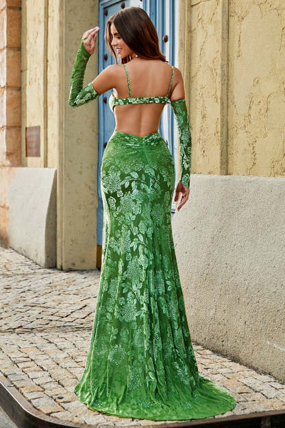 Olive Mermaid Spaghetti Straps Long Appliqued Prom Dress With Slit
