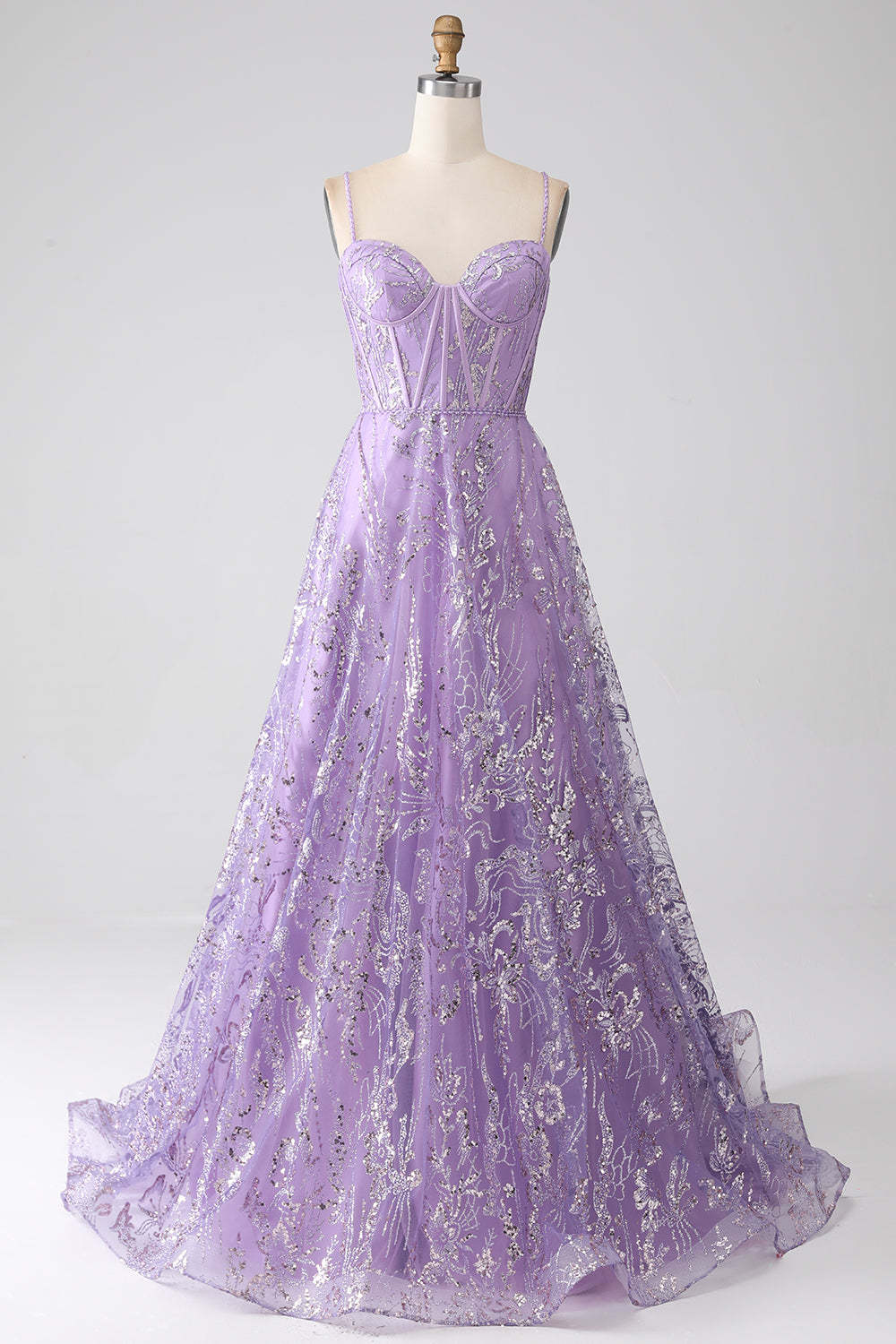 Leely Women Lilac Corset Prom Dress with Sequins A-Line Spaghetti Straps Evening Dress
