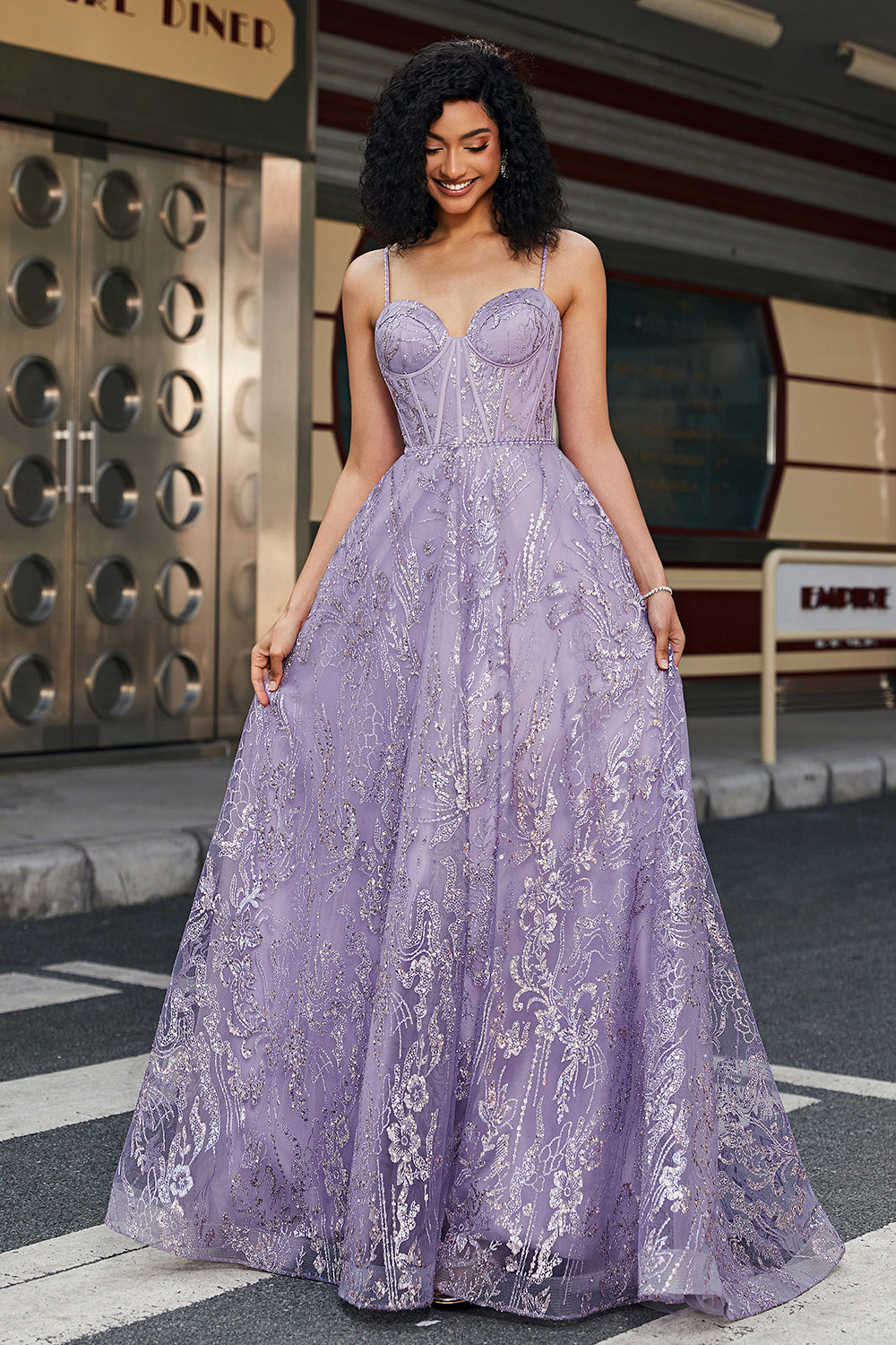Leely Women Lilac Long Corset Prom Dress With Beading Princess A Line Spaghetti Straps Formal Dress