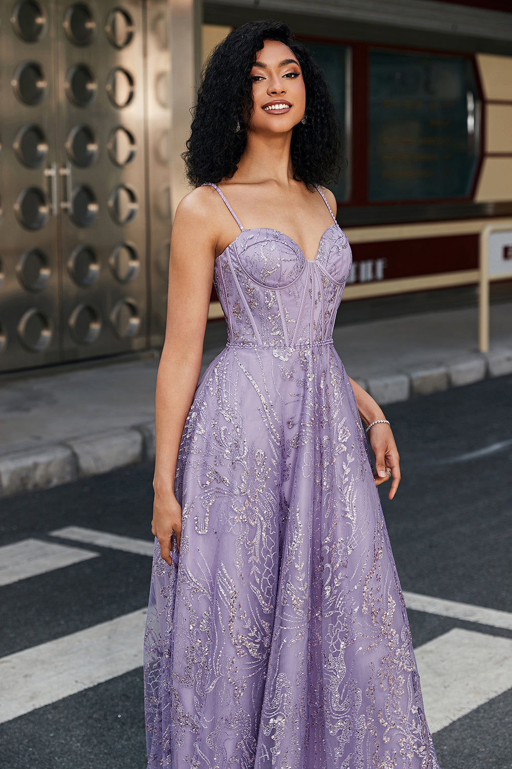 Lilac Princess A Line Spaghetti Straps Long Corset Prom Dress With Beading