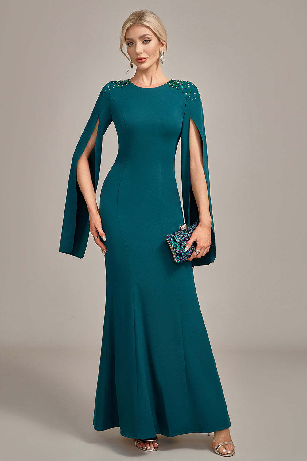 Leely Women Formal Dark Green Mother Of Bride Dress Mermaid Long Sleeves Wedding Guest Dress With Beaded Cape Sleeves