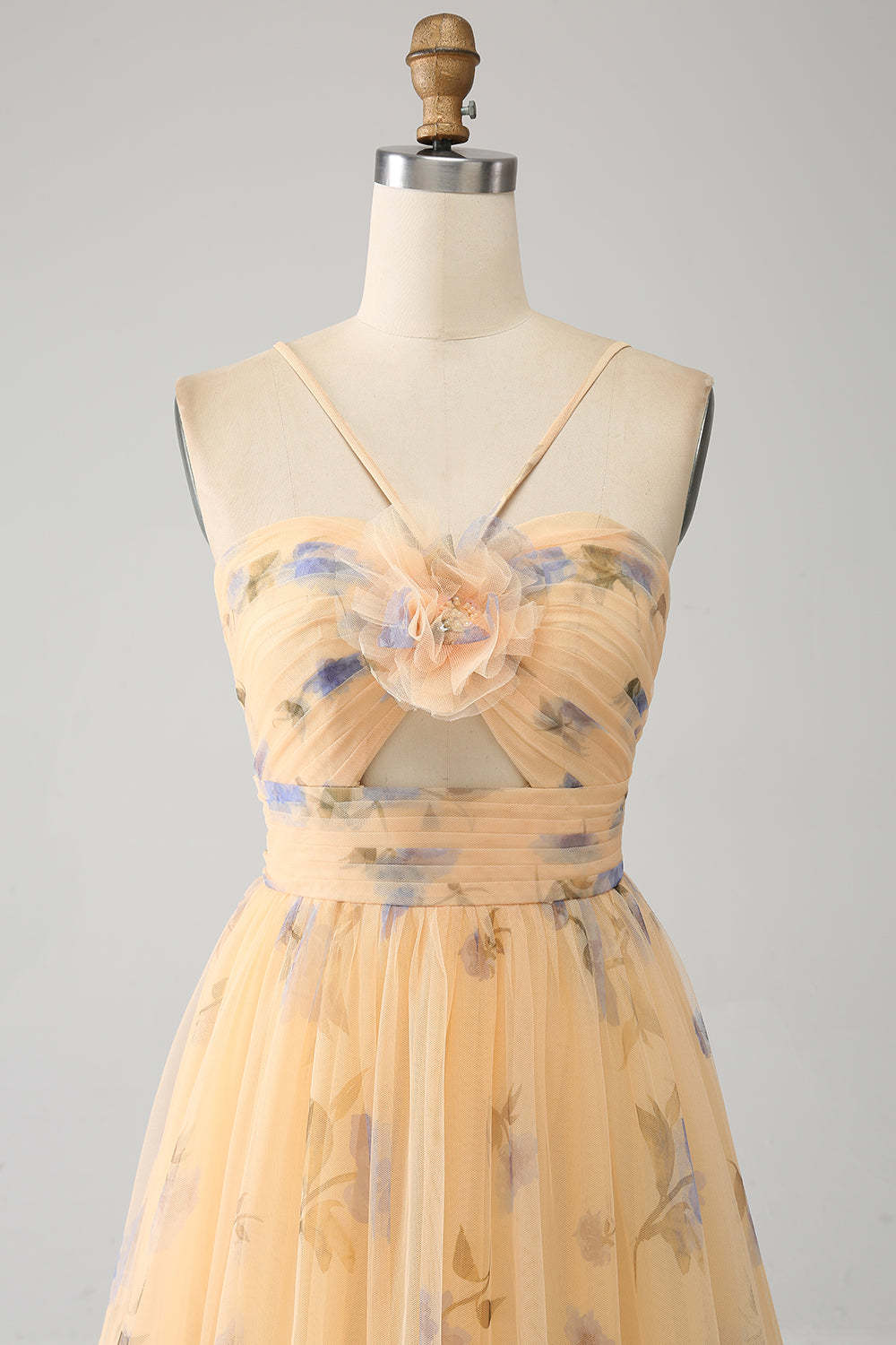 Yellow Tulle A Line Cut Out Long Tiered Prom Dress With Print