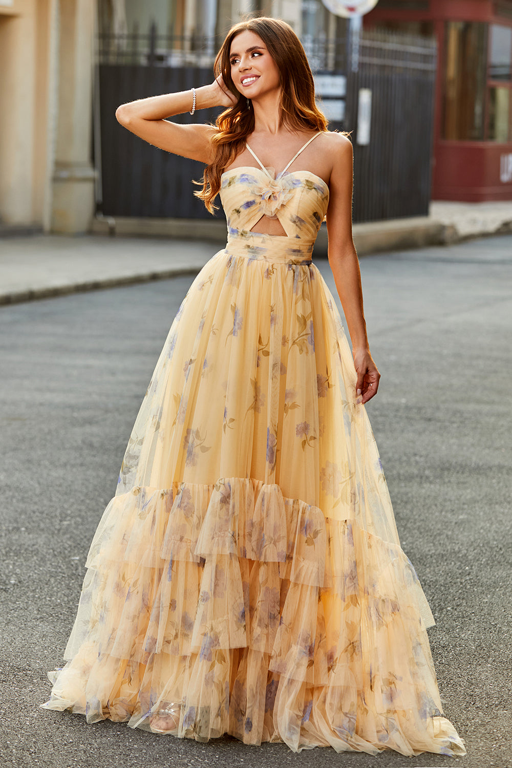 Leely Women Yellow Long Tiered Prom Dress With Print Tulle A Line Cut Out Formal Dress