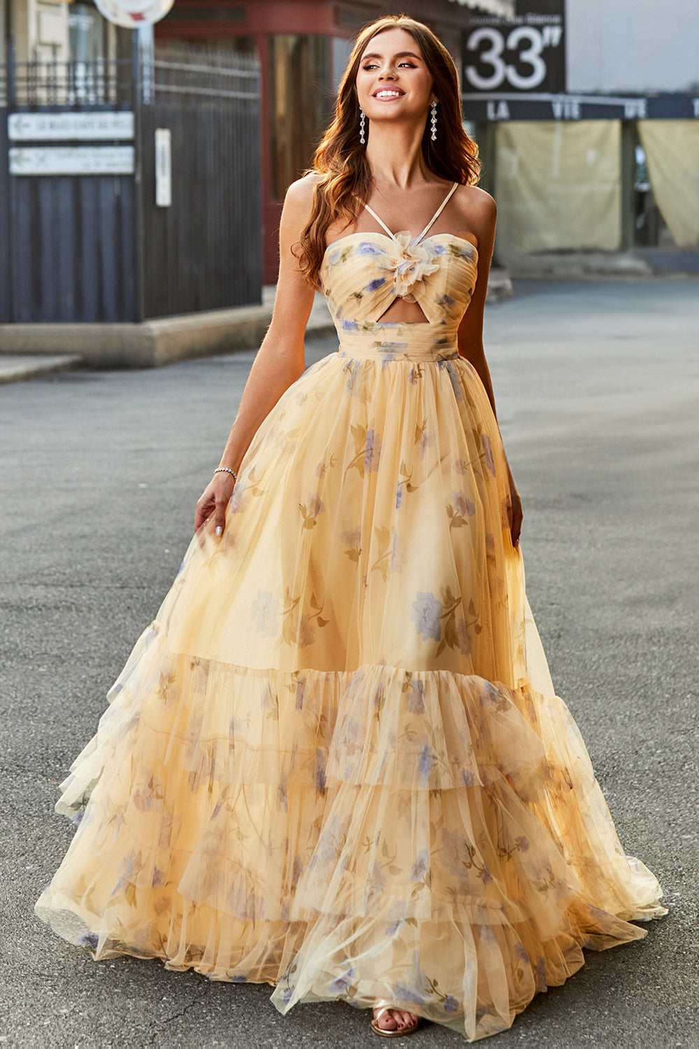 Yellow Tulle A Line Cut Out Long Tiered Prom Dress With Print