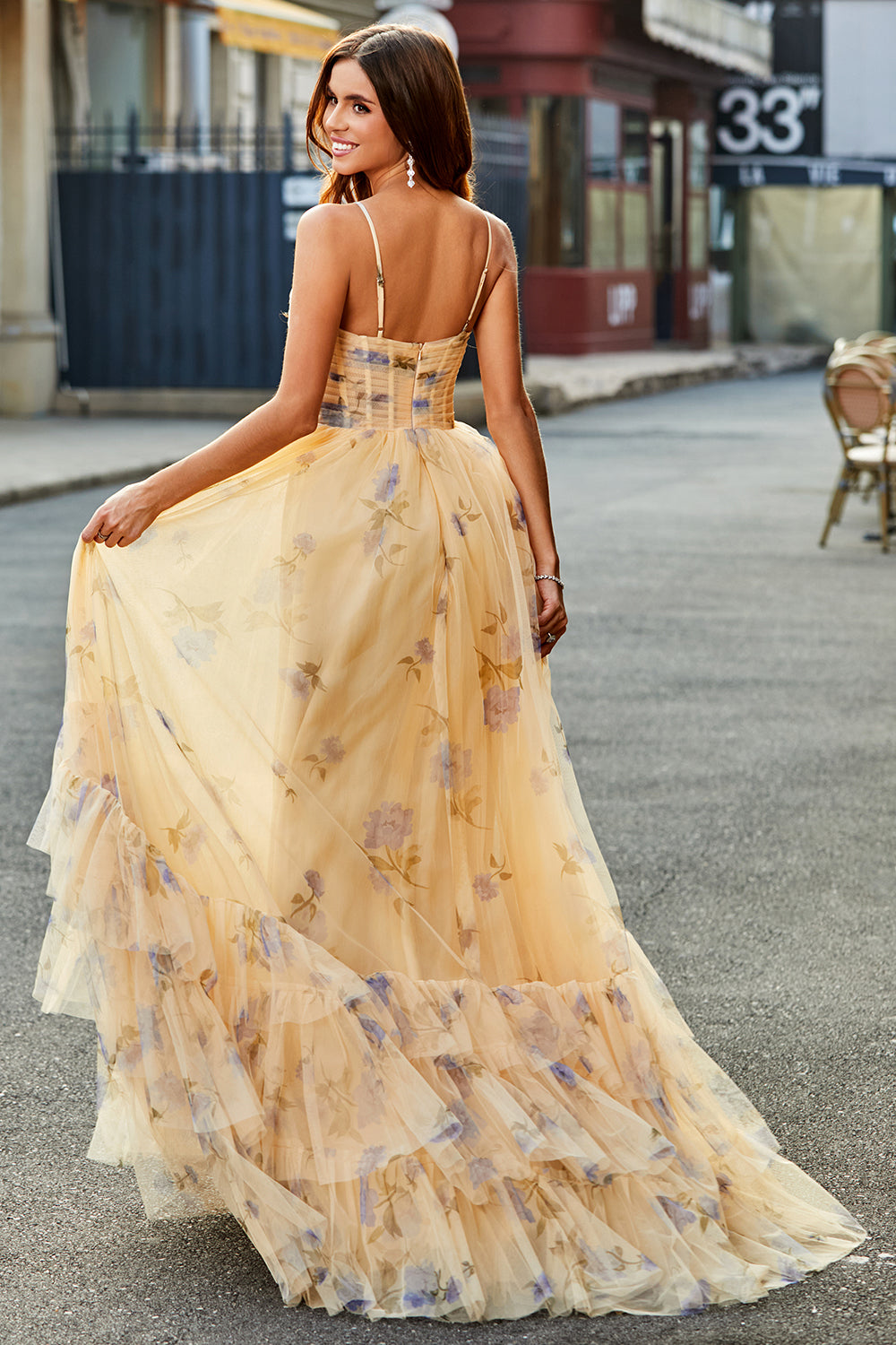 Yellow Tulle A Line Cut Out Long Tiered Prom Dress With Print