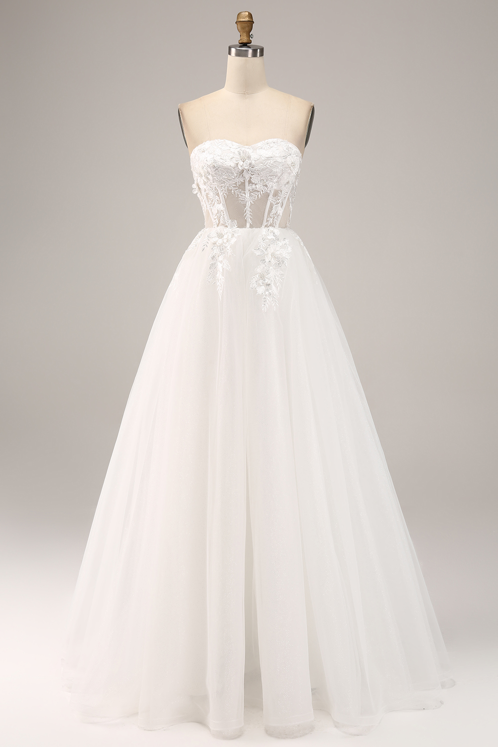 Ivory A-Line Strapless Tulle Corset Sleeves Long Prom Dress With Lace Appliques