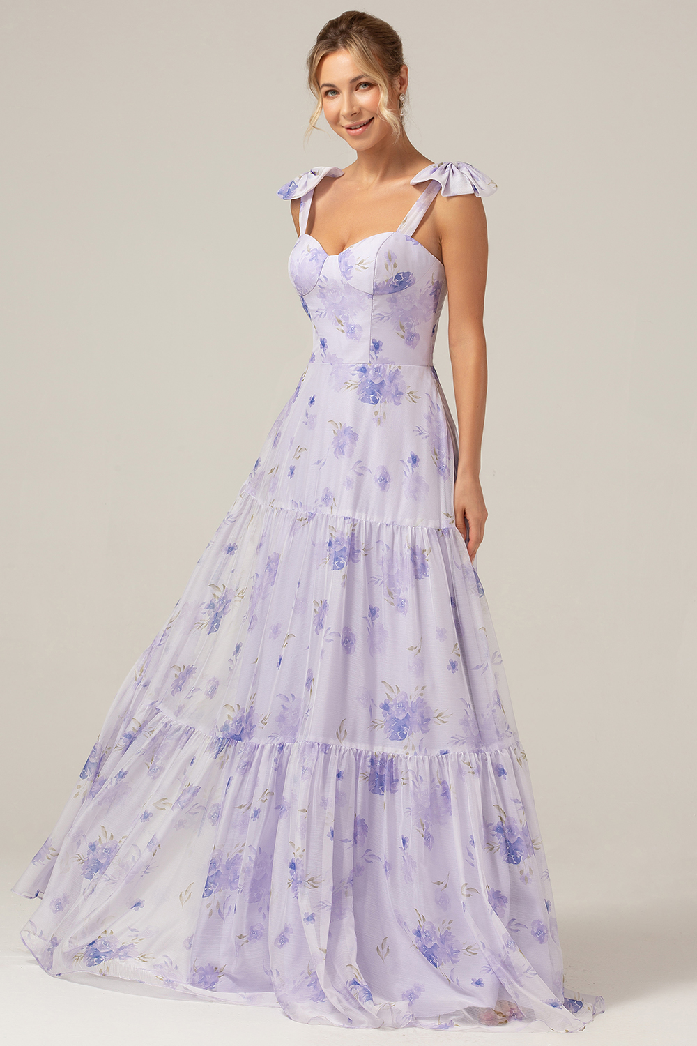 Leely Women Lilac Floral Print Bridesmaid Dress A-Line Lace Up Floor Length  Wedding Guest Dress