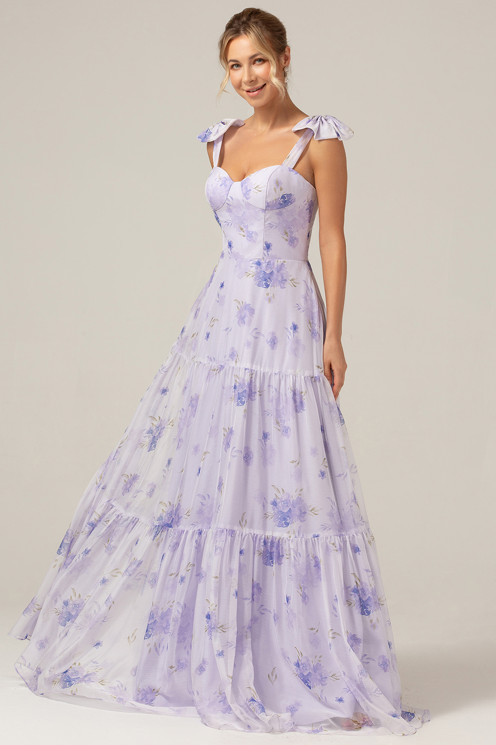 Leely Women Lilac Floral Print Bridesmaid Dress A-Line Lace Up Floor Length Wedding Guest Dress