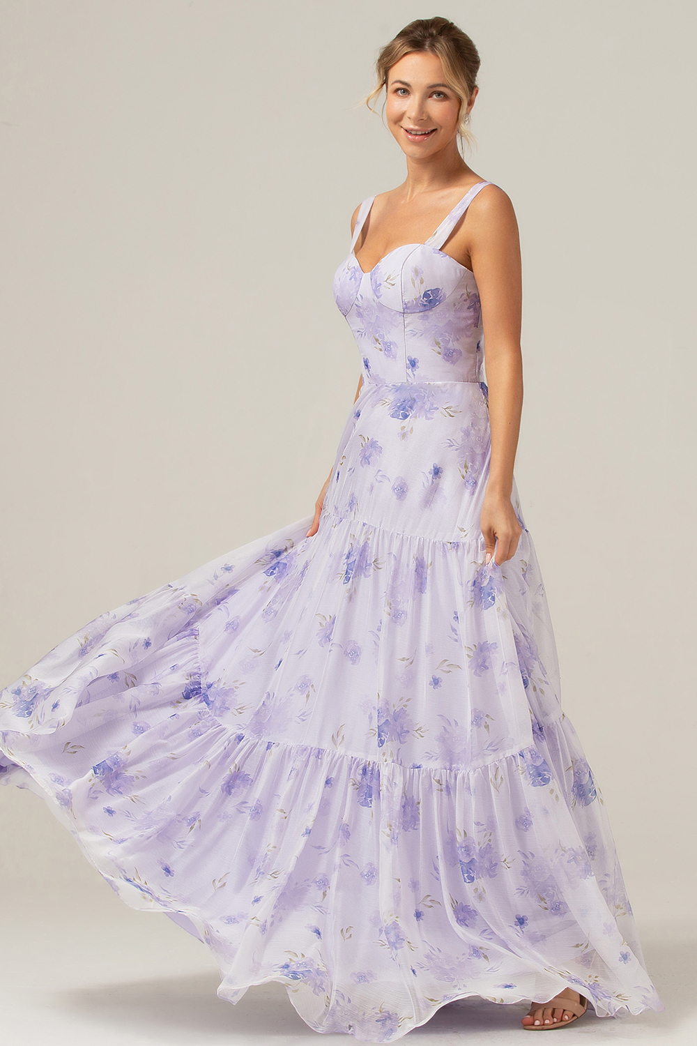 Lilac Floral Print A-Line Lace Up Floor Length Bridesmaid Dress