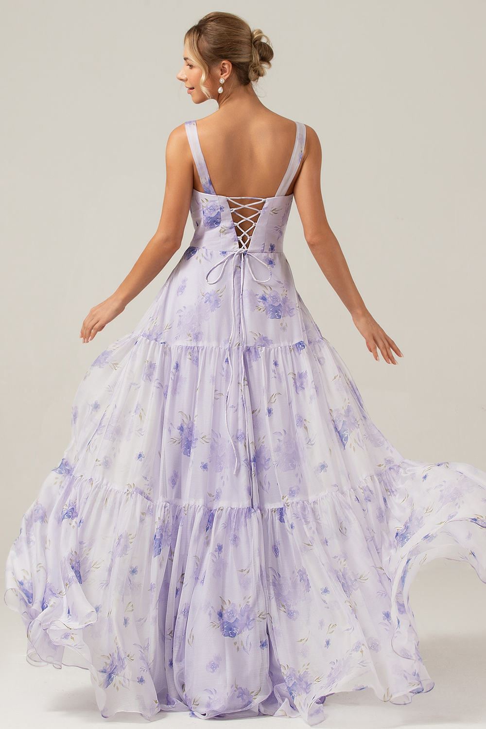 Lilac Floral Print A-Line Lace Up Floor Length Bridesmaid Dress