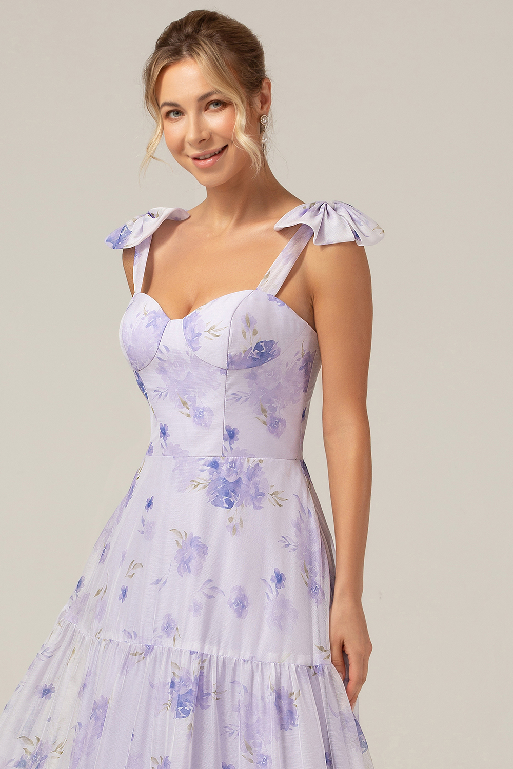 Lilac Floral Print A-Line Lace Up Floor Length Bridesmaid Dress