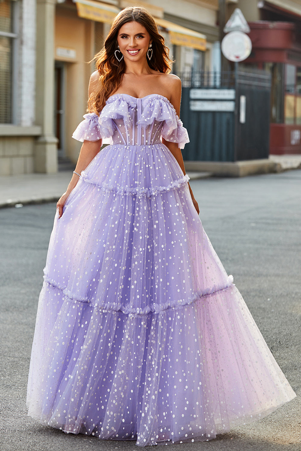 Lilac Tulle A Line Off the Shoulder Long Corset Prom Dress