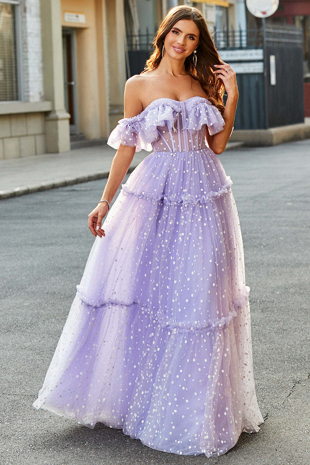 Lilac Tulle A Line Off the Shoulder Long Corset Prom Dress
