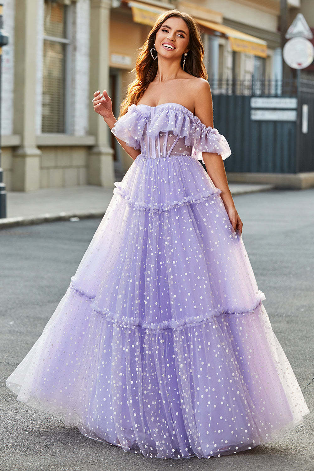 Lilac Tulle A Line Off the Shoulder Long Corset Prom Dress