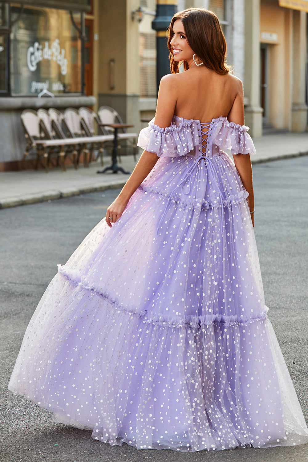 Lilac Tulle A Line Off the Shoulder Long Corset Prom Dress