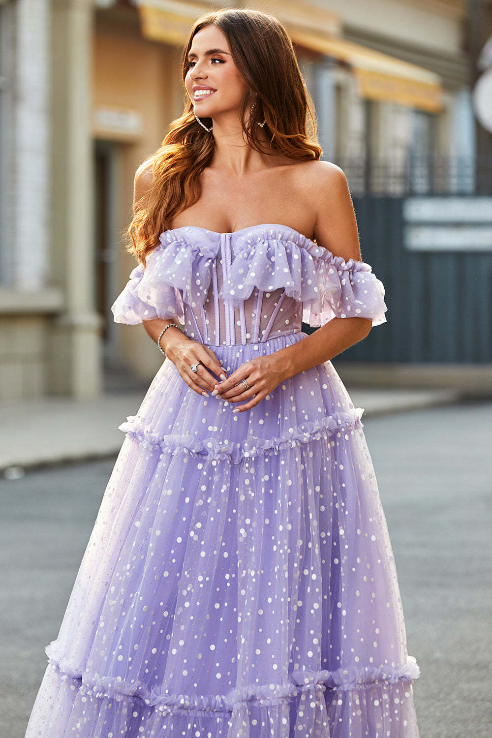 Lilac Tulle A Line Off the Shoulder Long Corset Prom Dress