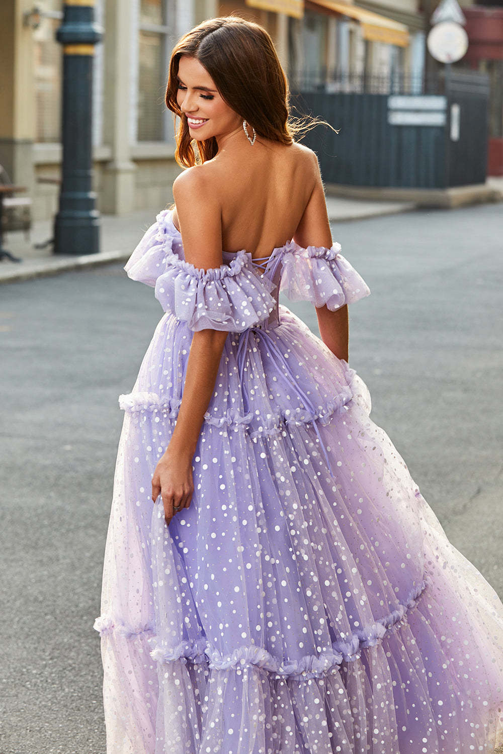 Lilac Tulle A Line Off the Shoulder Long Corset Prom Dress
