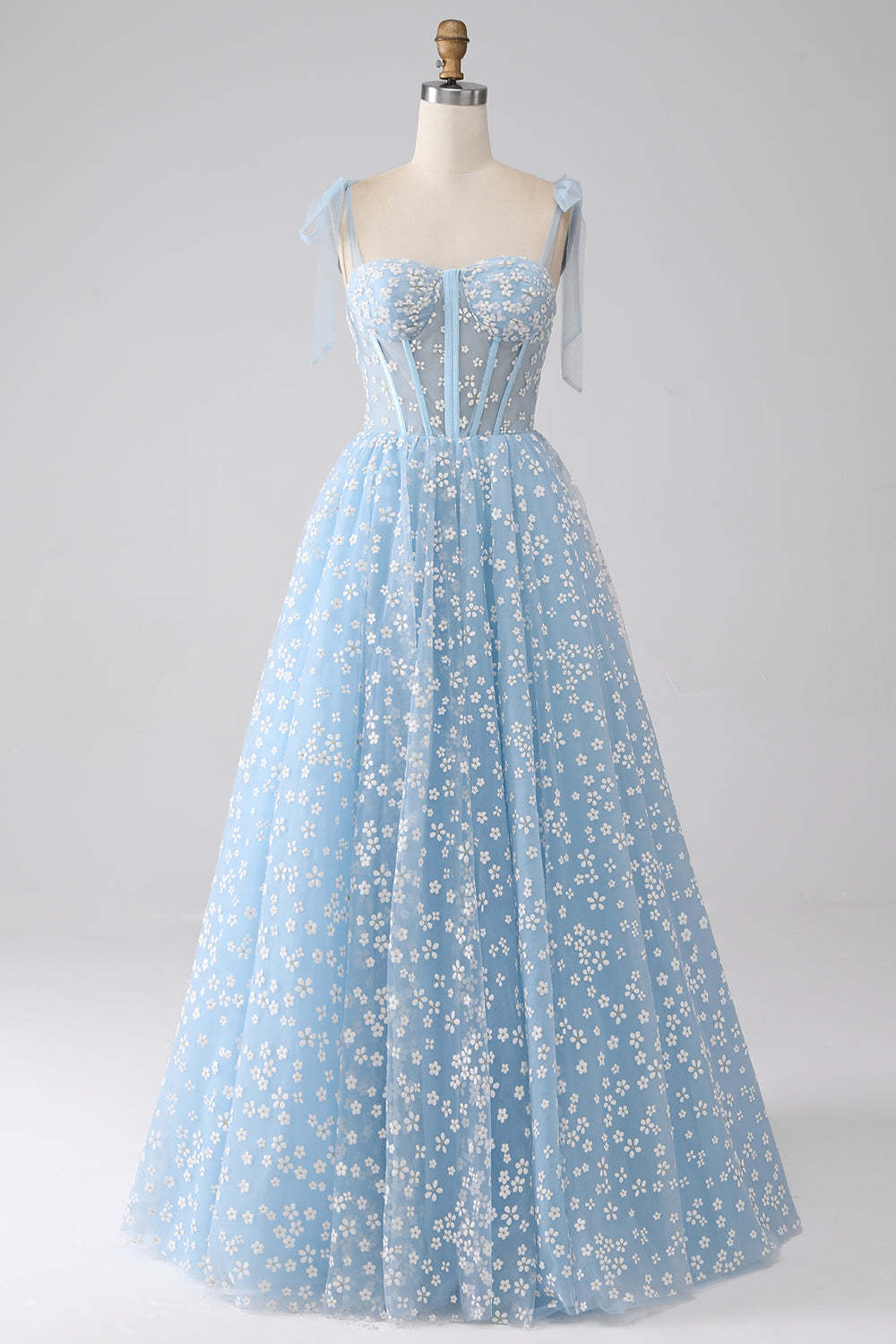 Leely Women Sky Blue Corset Prom Dress A-Line Spaghetti Straps Party Dress