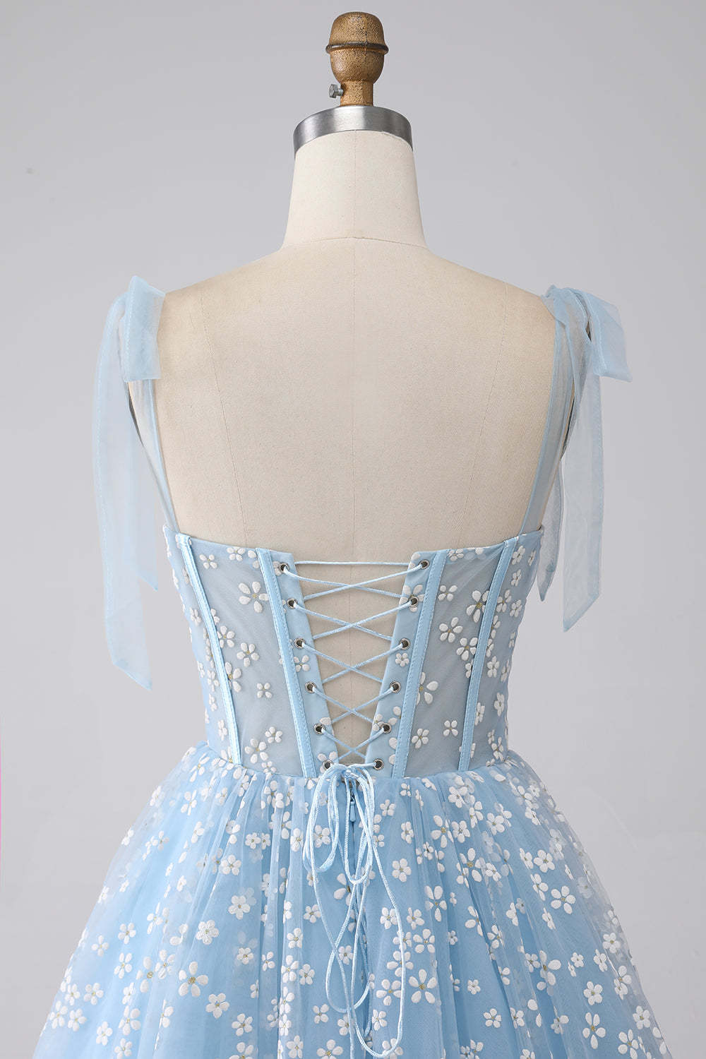 A-Line Spaghetti Straps Sky Blue Corset Prom Dress